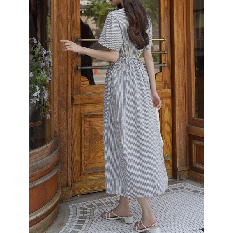 Plus Size Women's Clothing Fat Sister K-style Summer round Neck Stripes Waist-Controlled Lace-up Mid Length Long Length Short Sleeve Dress L-4XL