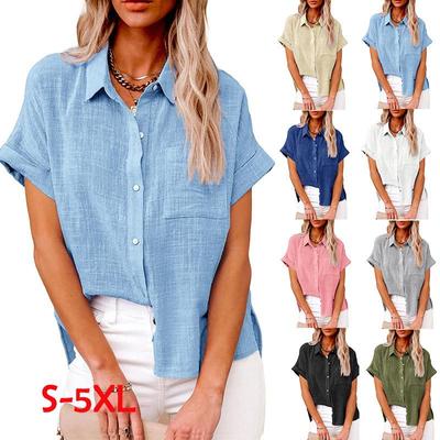 Women Summer Solid Color Cotton Linen Shirts Lapel Short Sleeve Button Up Irregular Pocket Blue White Shirt KTB