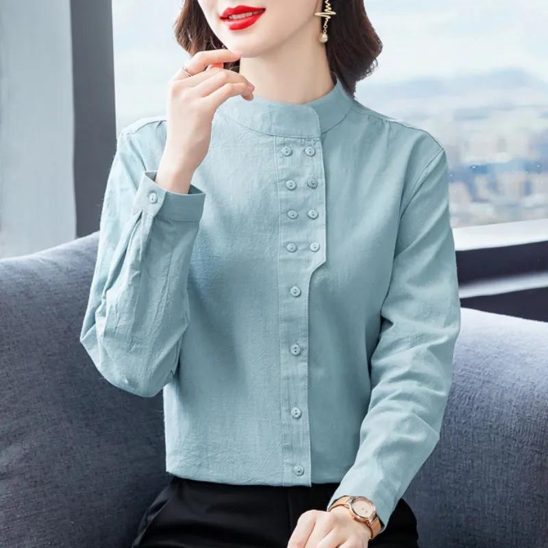 Women S Small Stand Collar Long Sleeve Casual Blouse M синий