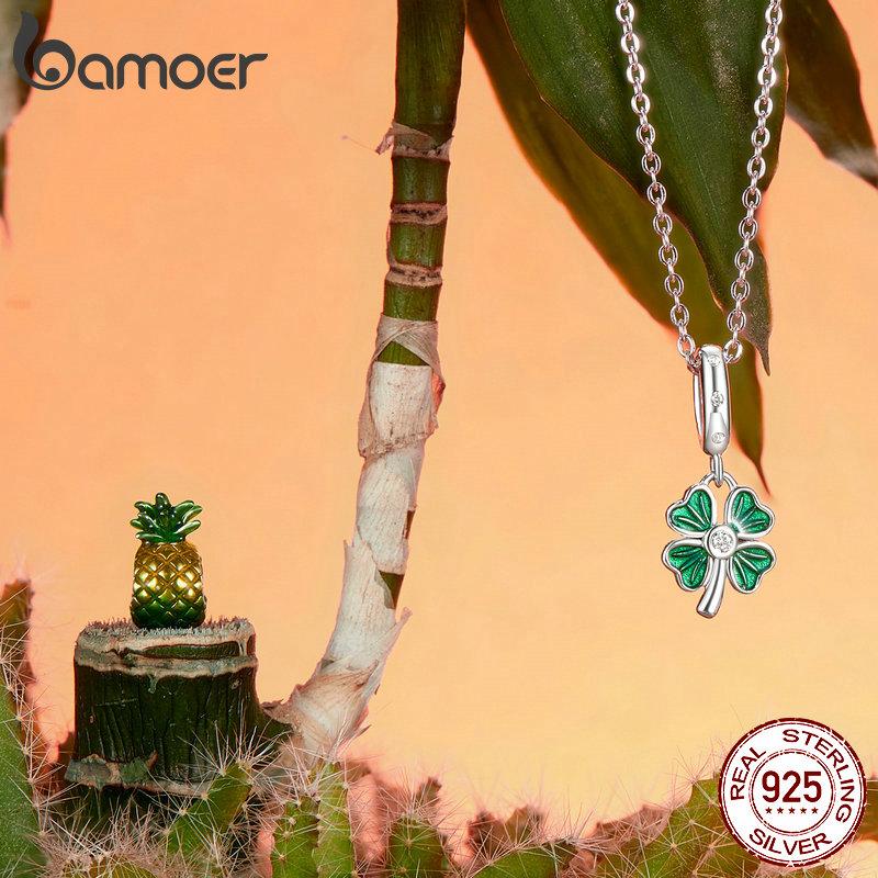Bamoer 925 Sterling Sølv Firkløver Charms Perler med grønn emalje passform Europeiske armbånd DIY Mango/Kaktus/Flamingo