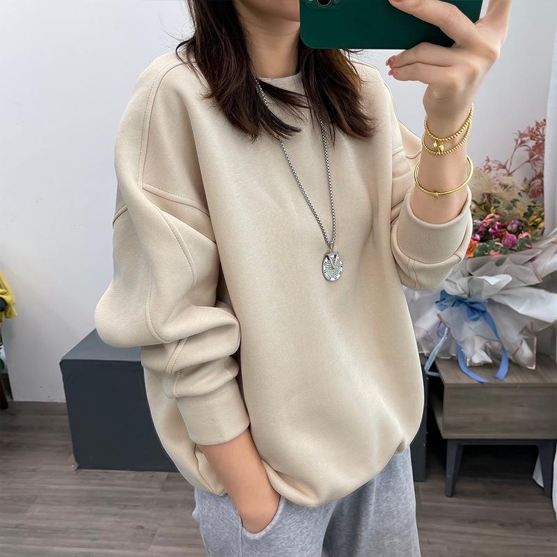 Women's Fleece-Lined Thickened Hoodie Pullover - Autumn/Winter 2025, Loose Fit, Age-Reducing, Plus Size, Round Neck Sweater
