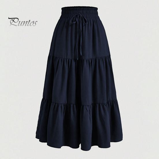 Stil boem fustă de vară pentru femei, talie înaltă elastică, cu cordon reglabil, culoare solidă, linie A