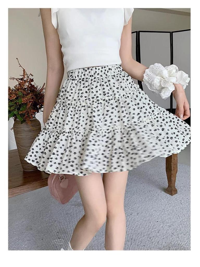 Polka Dot Floral High-Waist A-Line Midi Skirt, Women's Summer 2025 Collection - Black Puffy Cake Design