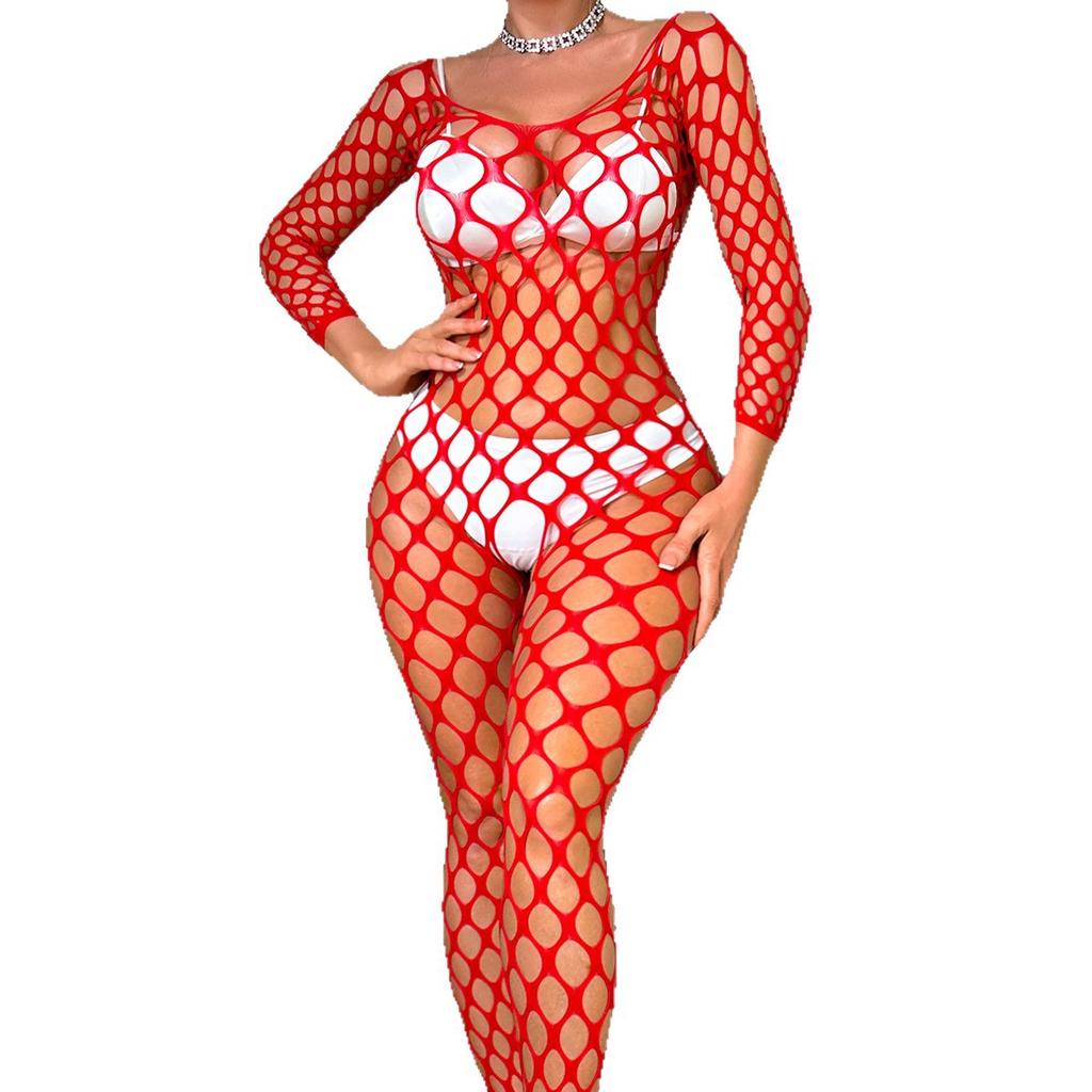 European and American sexy lingerie long sleeves big mesh holes with feet one-piece mesh socks net clothes open crotch sexy perspective