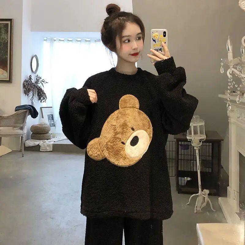 

Женский комплект из двух предметов осень-зима, теплая фланелевая домашняя одежда, утолщенные брюки, пижама с длинными рукавами, коралловый с круглым вырезом, свободный, милый мультяшный XL чёрный