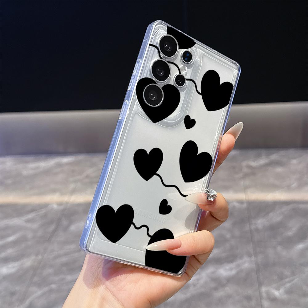 Black Heart Balloons on Strings Case for Samsung Galaxy S26 S25 S24 S23 S22 S21 S20 FE Plus Soft TPU Slim Fit Shockproof Cover