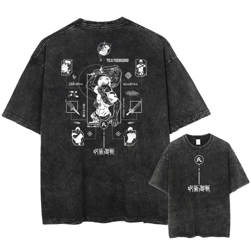 Printed Jujutsu Kaisen Acid T Shirt Short Sleeve Streetwear Cotton T-shirt Anime Graphic Retro Loose T Shirt Washed Top
