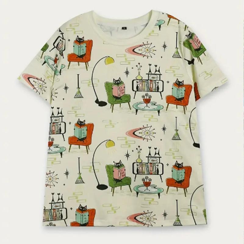 Mode Damen Bunt Katze Gras Print T-Shirt Lustig Lässig O-Ausschnitt Kurzarm T-Shirt Sommer Damen T-Shirt