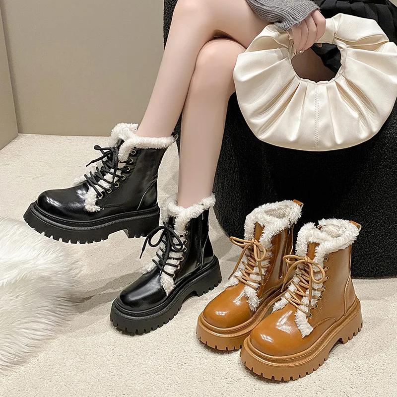 2024 Winter New Thick Soled Women's Boots British Wind Plus Fleece Thickened Warm Women's Short Boots Size 35-42