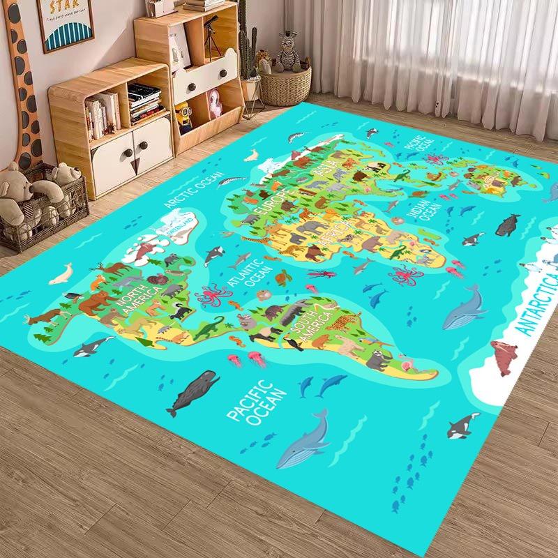 Animal World Map Printing Large Area Rug Non-Slip Wear-resistant Carpet for Living Room Bedroom Soft Floor Mat Home Decor Cute