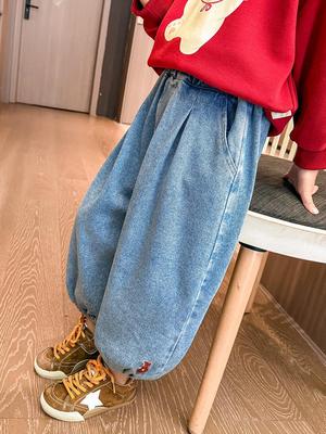Girls' Soft Denim Lantern Jeans with Bow Embroidery - Baby Girl Fashionable Korean Style Pants for Spring and Autumn