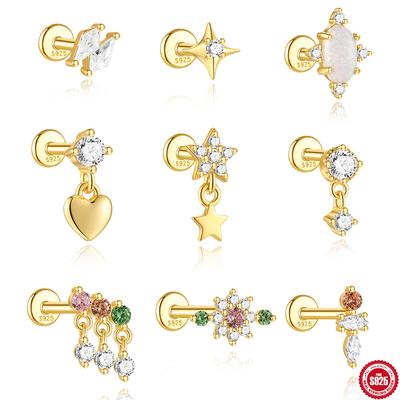 S925 Sterling Silver Daily Wear Quad Star Love Color Flower Diamond Cartilage Spiral Piercing Earrings 2026