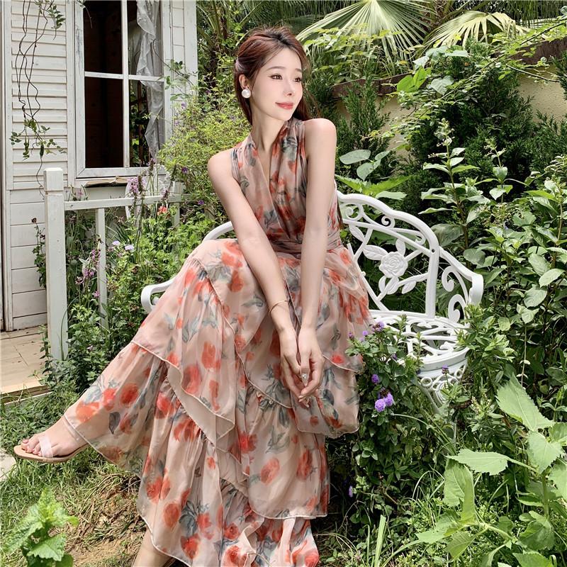 Women's Summer Waist Slimming Backless Hanging Neck Holiday Beach Ruffle Printed Long Skirt