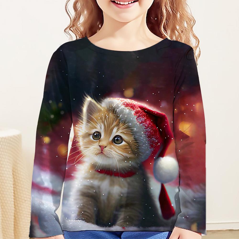 Children's Clothing Long Sleeve Cat Print O-Neck Kids Spring Fall Clothes Fashion Cartoon Girls Clothes T-Shirt Streetwear Tops