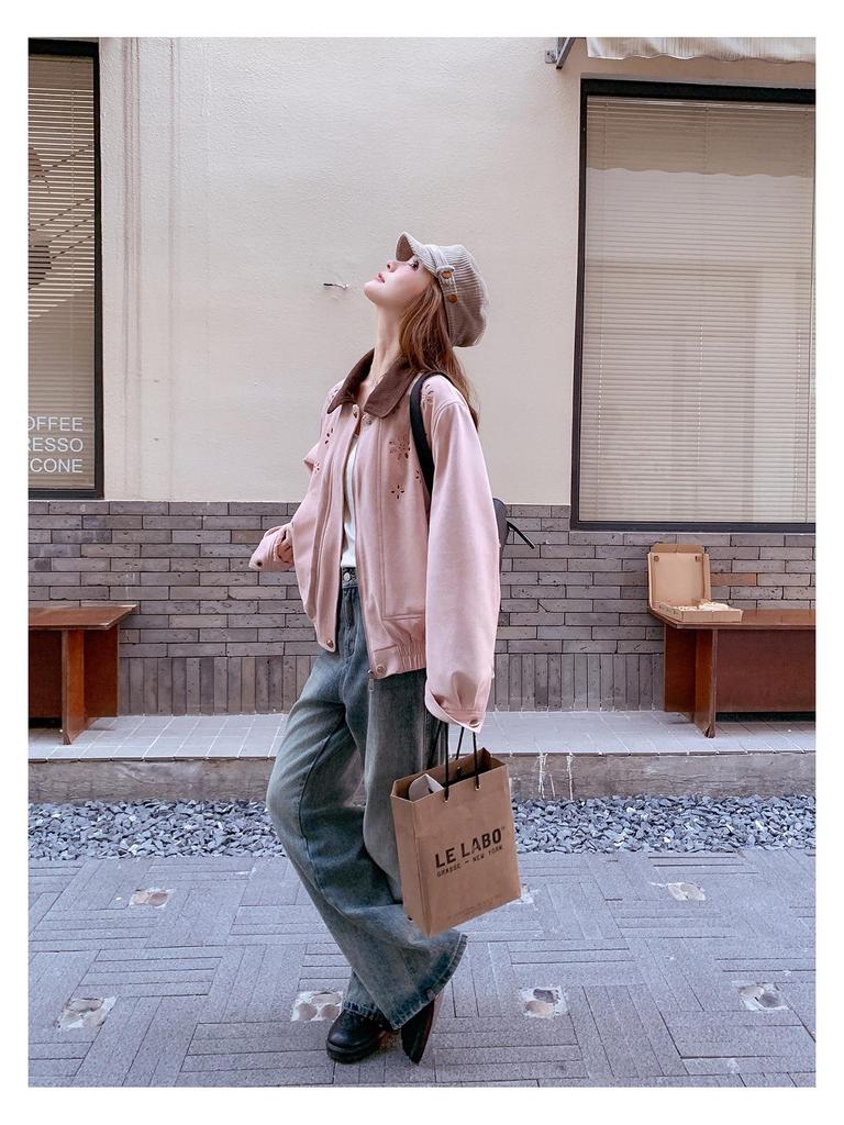 Korean-Style Pink Suede Short Jacket for Women - 2025 Autumn, Hollow Design, Age-Defying, Petite Fit, Fashion-Forward.