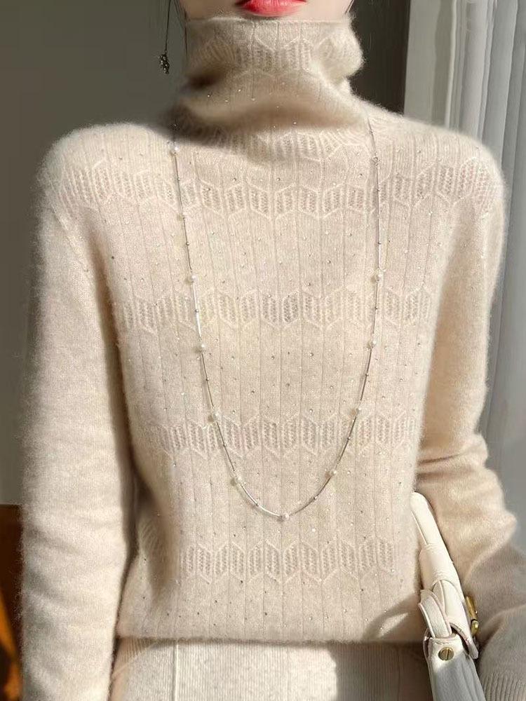 Women's Rhinestone High Neck Wool Knitwear: New Autumn/Winter Slimming Cashmere Sweater