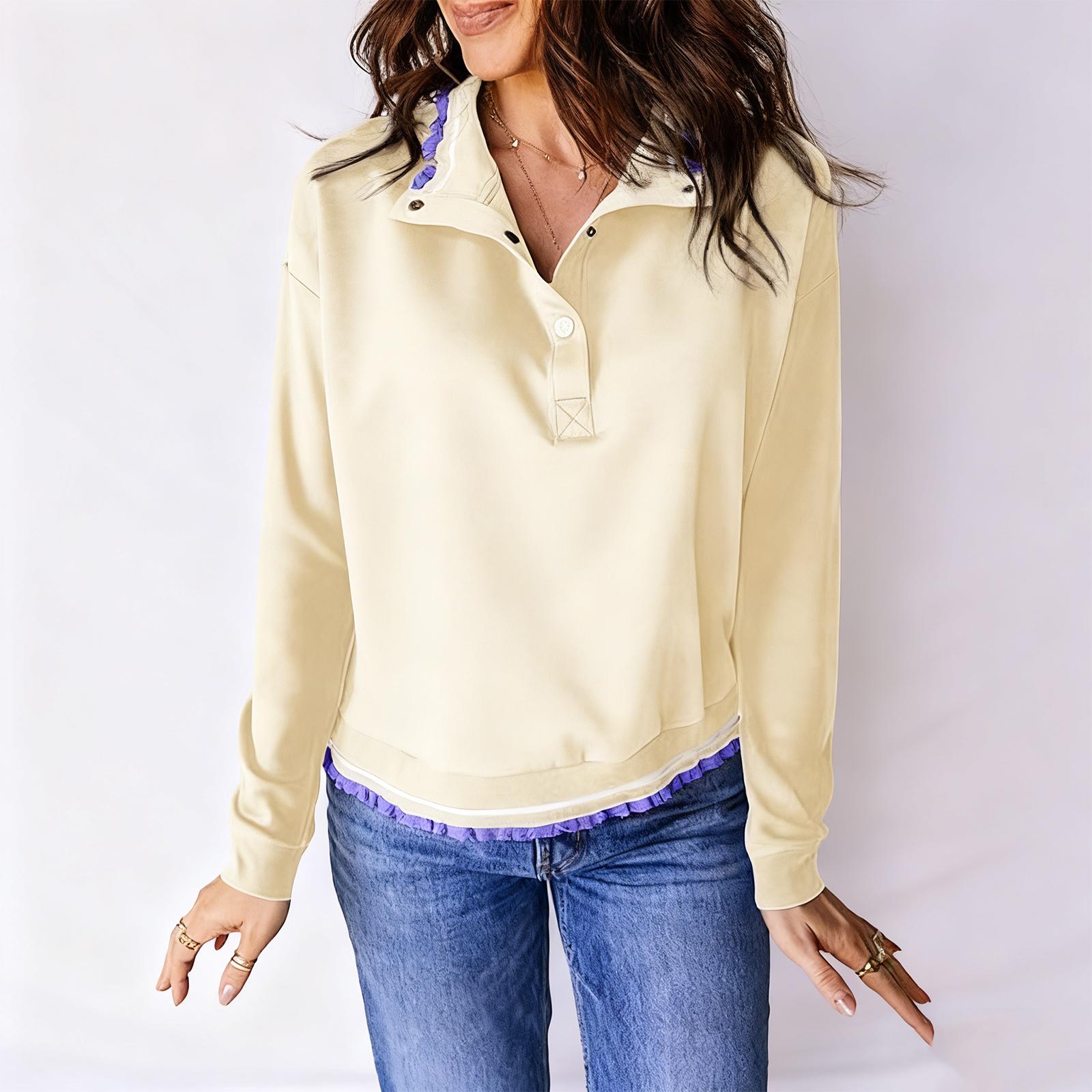 

Women s Loose Comfortable Fashion Casual Patchwork V-Neck Zippered Long Sleeve Sweatshirt XL бежевый