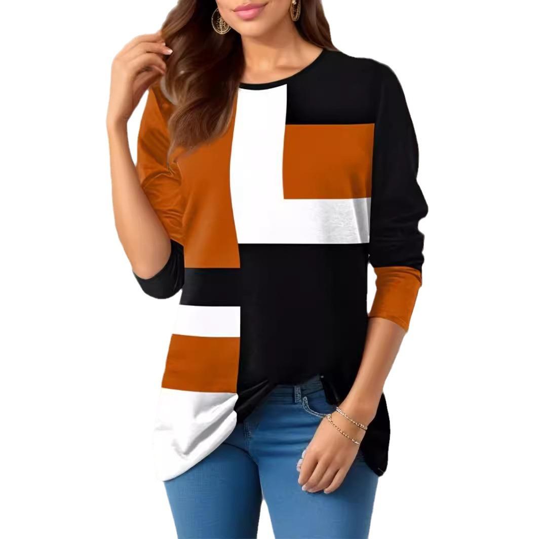 

QICED Весна Осень Женская мода Позиционирование Принтованная О-образным вырезом Длинный рукав Футболка XXL оранжевый