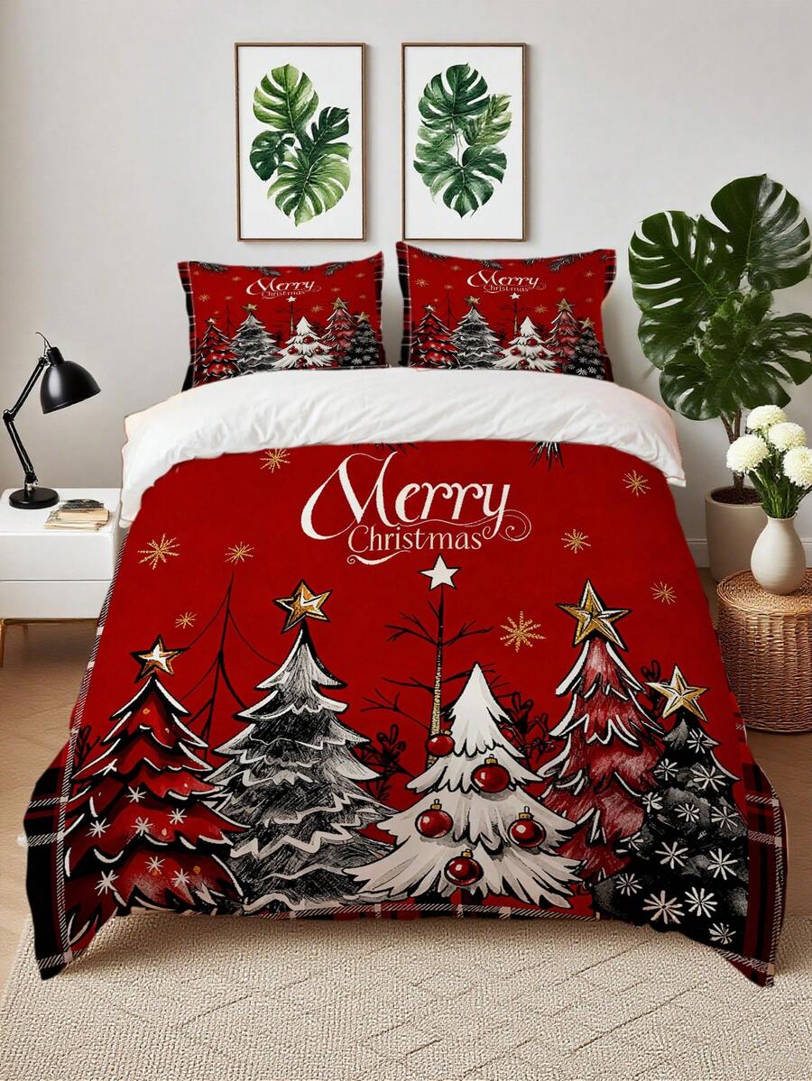 

3pcs Grid Christmas Tree Print Duvet Cover Set (1*Duvet Cover + 2*Pillowcase No Core) Christmas Theme Gold Silver Snowflakes EU Single(135*200cm)3pcs
