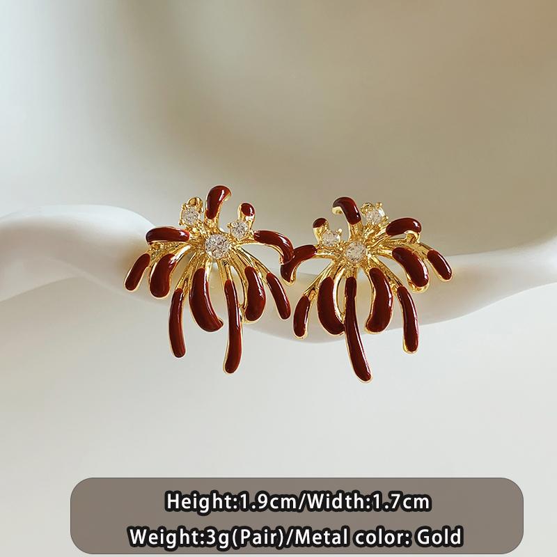 

Wine red Enamel Irregular Flower Shaped Micro Inlaid Zircon Earrings Women s Light Luxury Jewelry New Year s Unusual Accessories