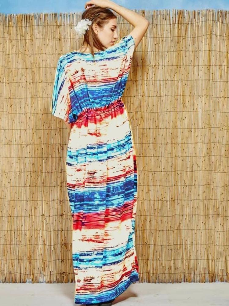 EDOLYNSA 2024 Summer Women Floral Maxi Beach Dresses Boho Beach Wear Multicolor Striped V Neck Half Sleeve High Waist Dress Ladies Q246