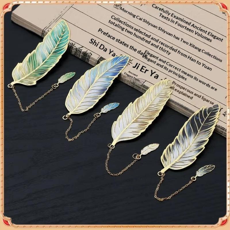 Enamel Feather Metal Bookmark With Gold Trim And Small Pendant Chain Perfect For Book Lovers Reading Gift School Office Use