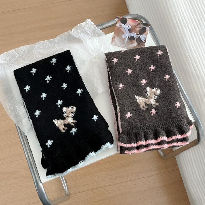 Ladies' Scarves Korean Cartoon Deer Floral Kawaii Sweet Versatile Cute Scarfs Thicked Warm High-Quality Cashmere Knitted Scarfs