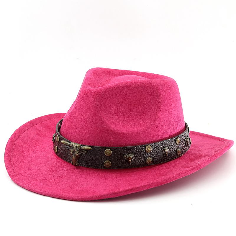 European and American fashion cow head belt suede top hat men's jazz hat autumn and winter versatile felt hat upturned cowboy hat