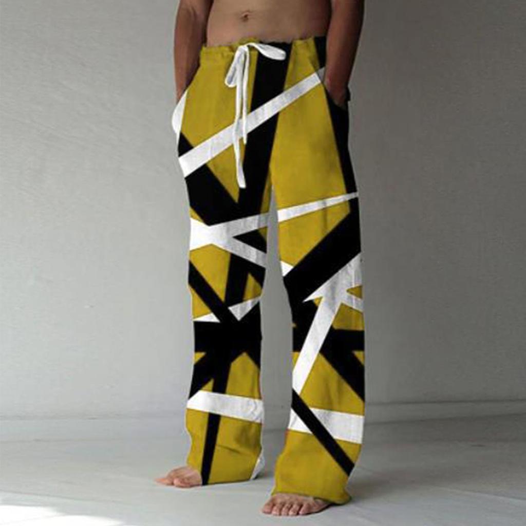 Men's Loose Casual Color Cotton Linen Trousers Elastic Tie Printed Straight Pants