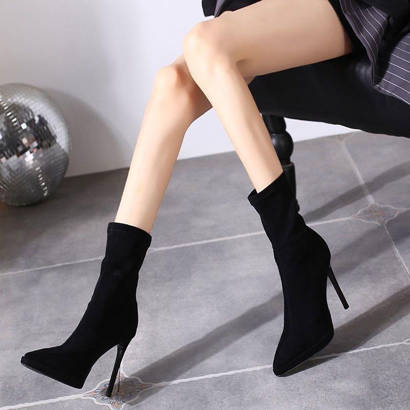 Super high women's elastic short boots street thin boots medium boots pointed waterproof table suede