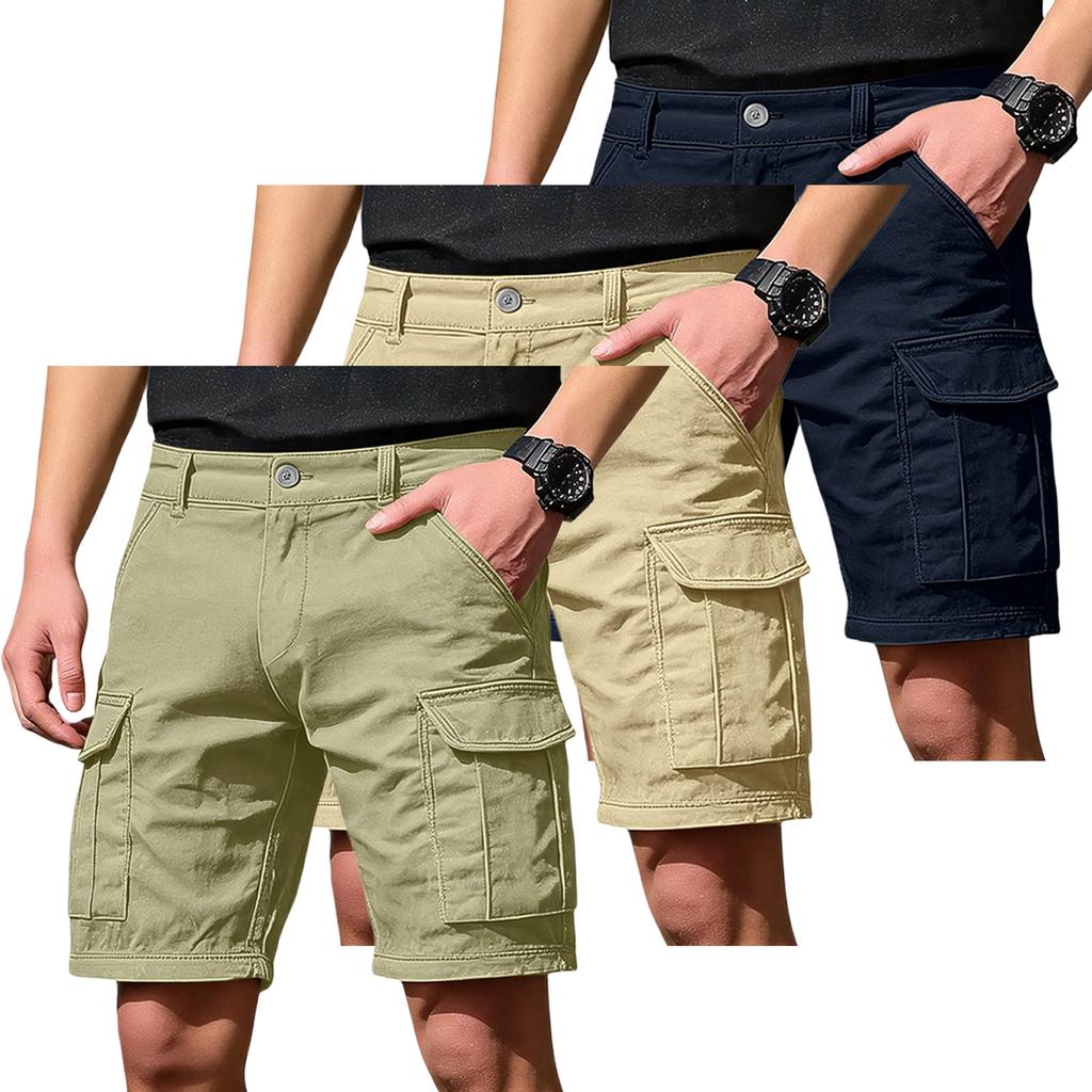 Men's Cargo Shorts 3-Pack with 6 Pockets, Button and Elastic Waist