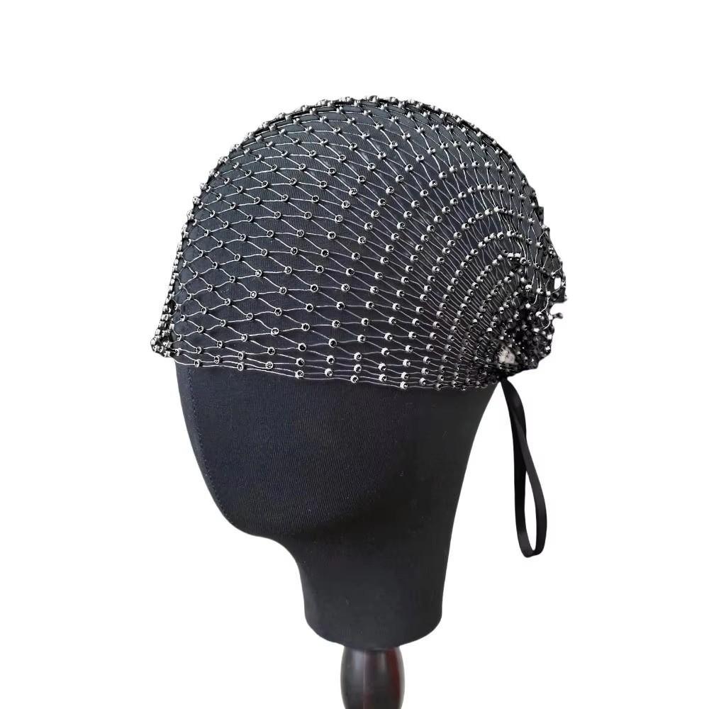 Elegant Elastic Rhinestone Face Veil Stretchable Adjustable Hollow Out Beanies Sparkling Bridal Headwear Women