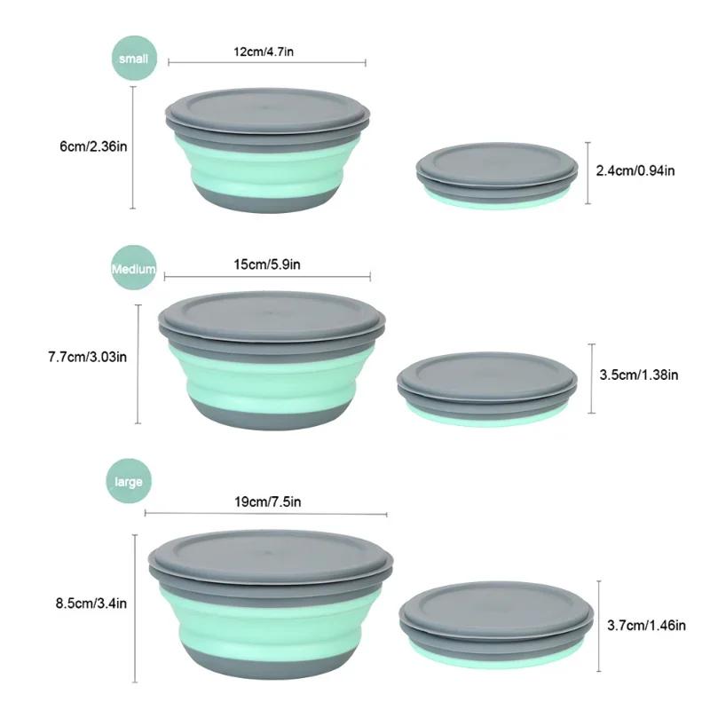 Portable Picnic Camping Foldable Fruit Salad Bowl Set, 3Pcs/Set Silicone Folding Lunch Box with Lid, Kitchen Tableware Kit
