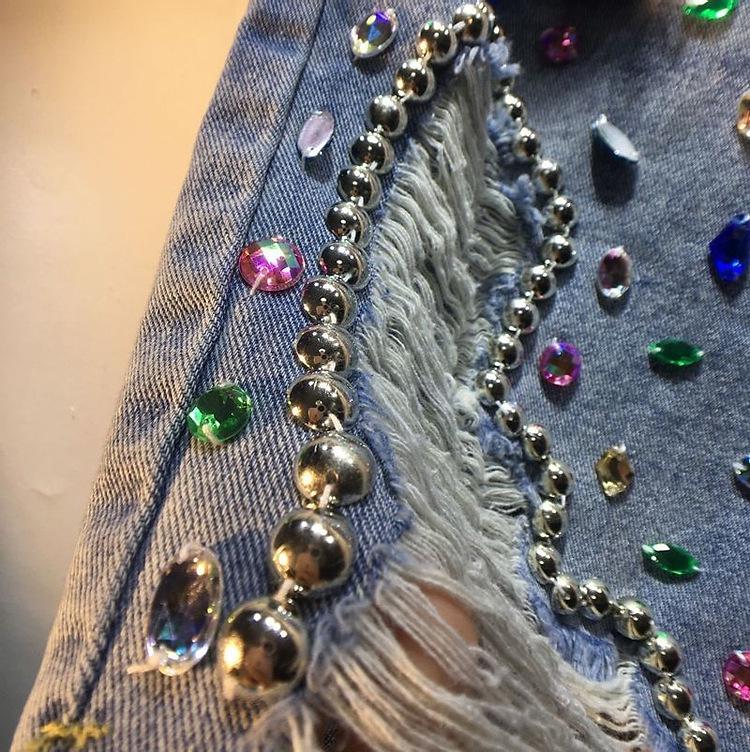 European Style High Waist Rhinestone Beaded Ripped Slimming Straight Mid-Length Pants