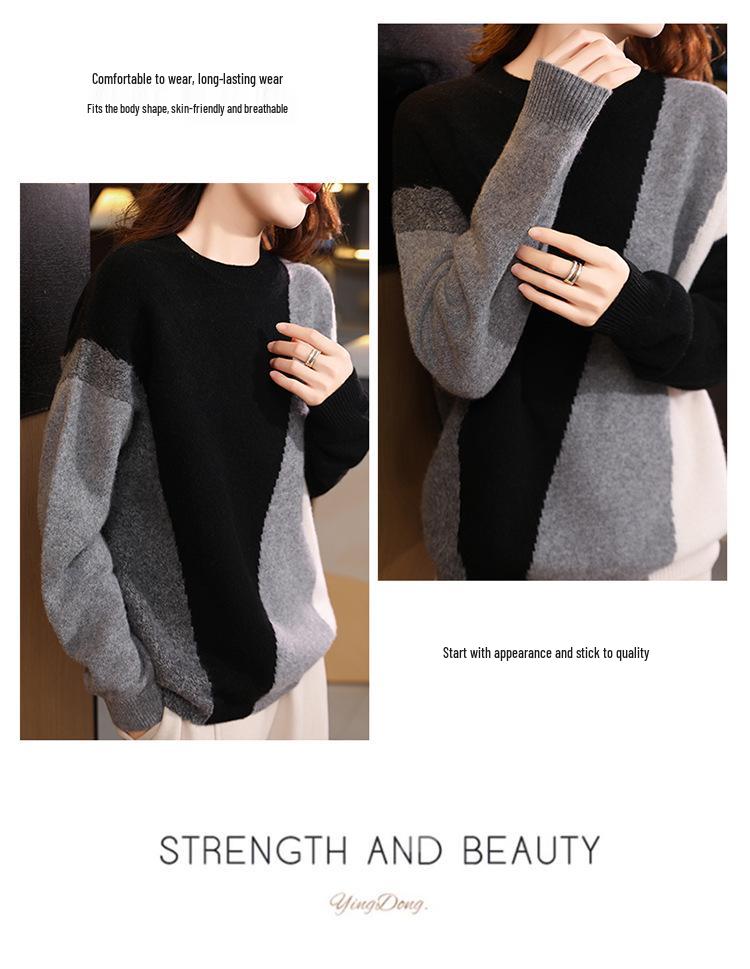 Women's 100% Pure Wool Color Block Round Neck Sweater - Loose, Stylish, Versatile Pullover, Slimming Cashmere Knit Base Layer