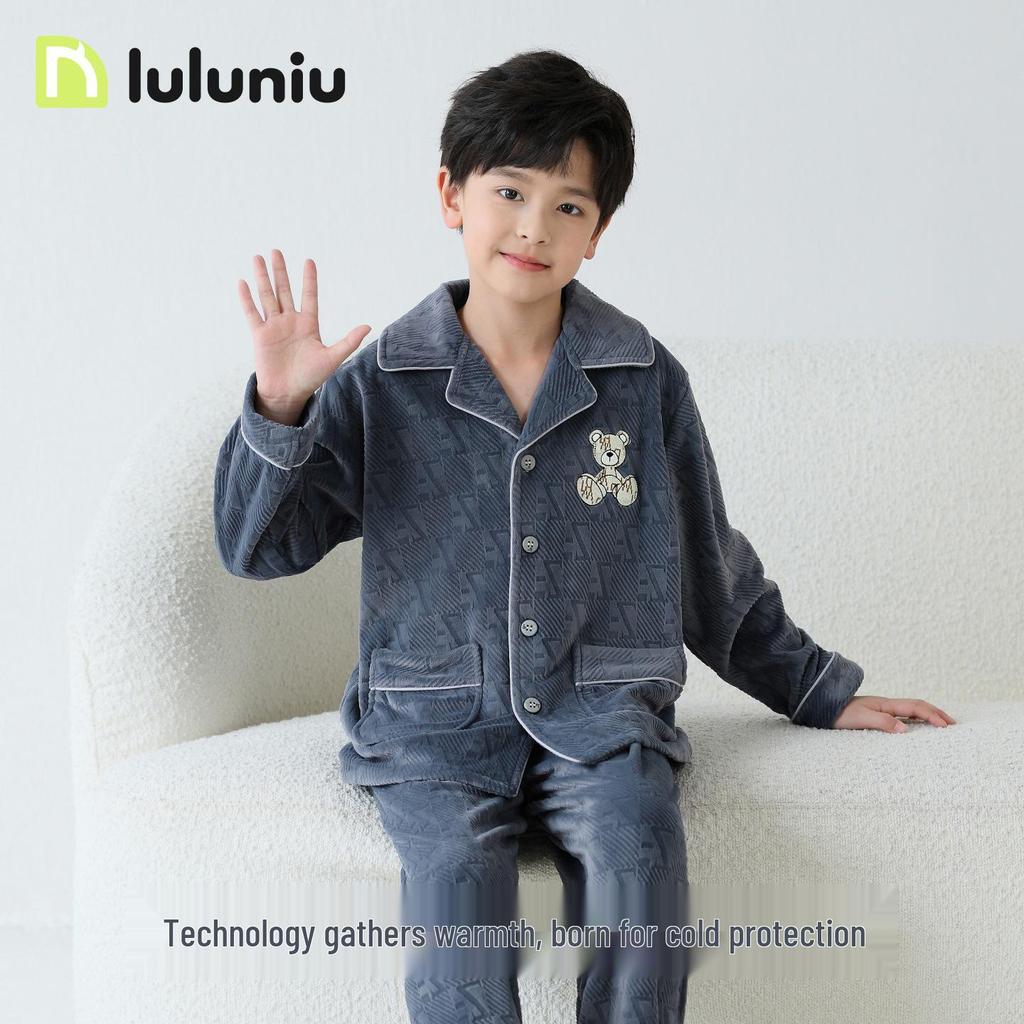 Lulu Niu Boys' Thickened Fleece Pajama Set for Autumn and Winter
