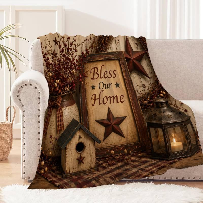 2D Printed, 1pc Vintage Rustic Style "Bless Our Home" Themed Printed Blanket, with Brown and Beige as the Main Colors. Suitable for Use as a Living Ro