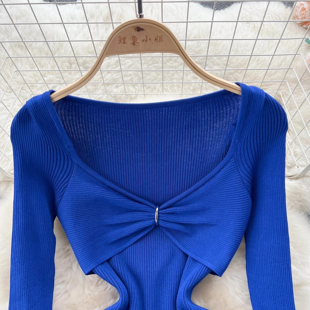 Sexy Bodycon V Neck Flare Pletené šaty s dlouhým rukávem Elegantní Elegantní Vestidos Podzimní Ženy Módní Hip zavinovací šaty