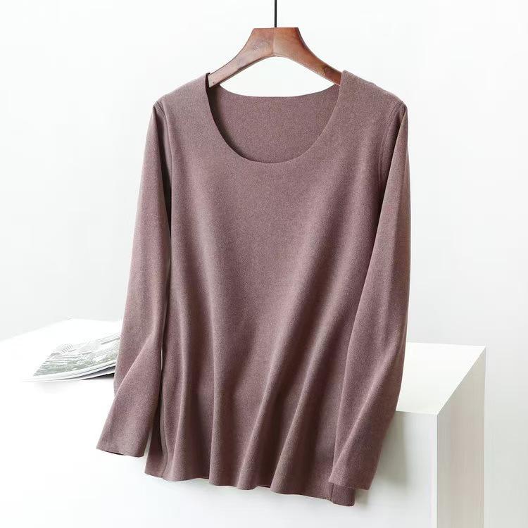Women's Double-Sided German Velvet Crew Neck Long Sleeve Thermal Top, 2025 Autumn/Winter, Slim Fit, Solid Color