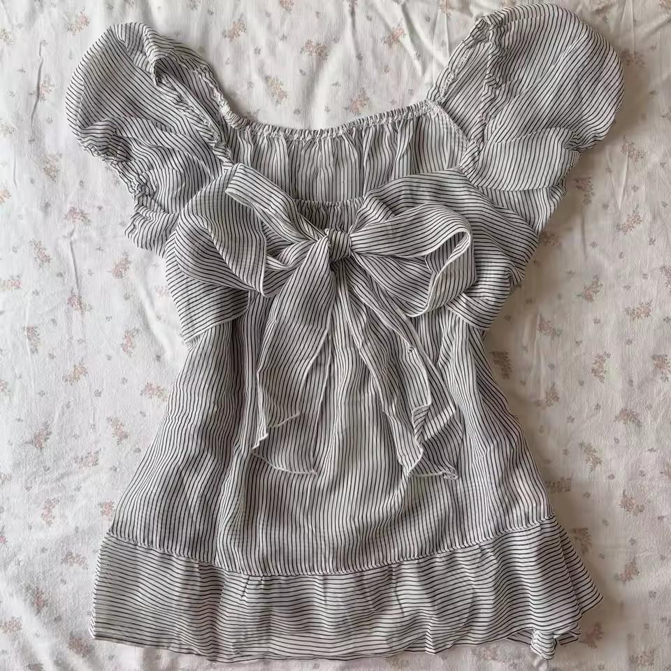 Y2K French V-neck Retro Summer Short Sleeve Women's Top