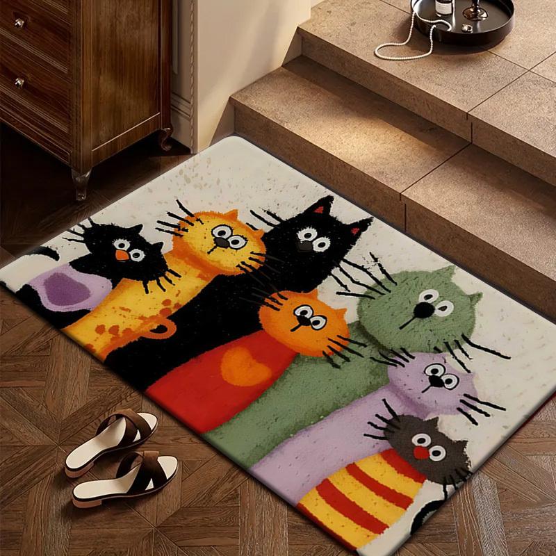 Adorable Cartoon Cat Family Carpet Welcome Mat Doormat Kitchen Rug Carpet for Live Room Bathroom Mat Rug for Bedroom Home
