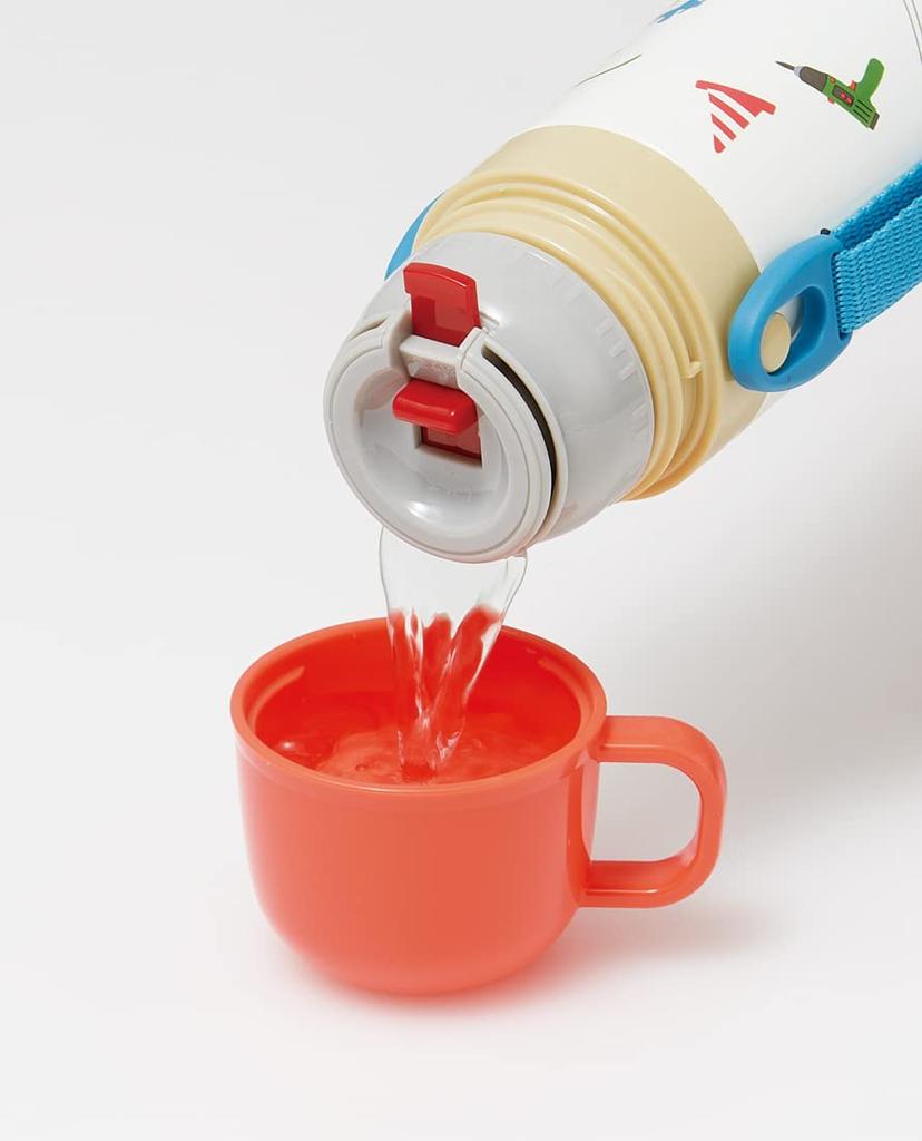 Skater Children's Water Bottle, 2-Way, 470ml (Direct Drinking) or 430ml (Cup Drinking), Designed with a Working Vehicle Design, Stainless Steel,