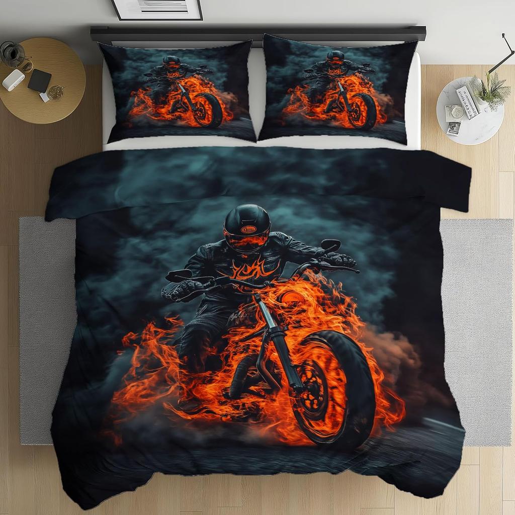 Flame Motorcycle Pattern Bedding Set, Motorcycle Duvet Cover with Pillowcase and Zipper,Soft Kids Teen Boys Bedding Set 2 Pcs