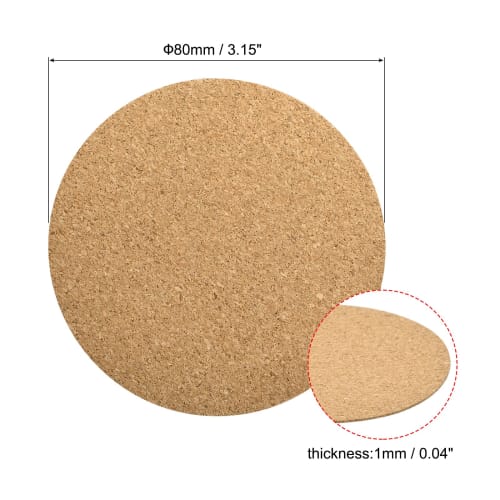 Uxcell 80mm (3.15 Inch) Round Coasters, 1mm Thick Cork Cup Mats, Self-Adhesive, Pack of 100
