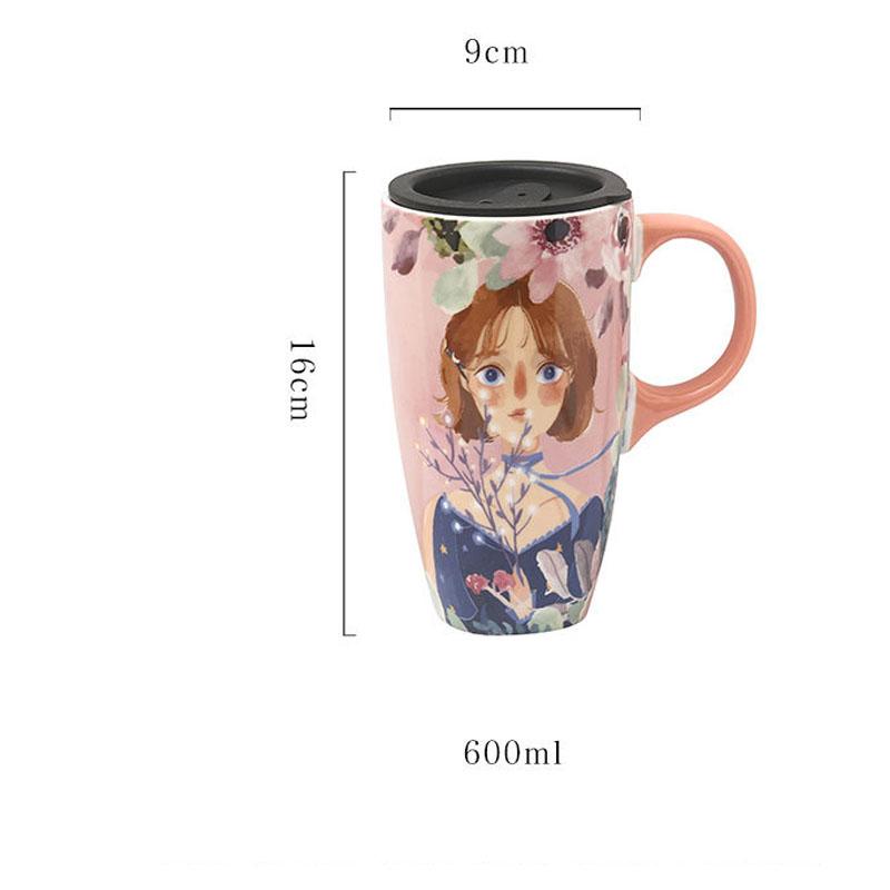600ML Japanese Style Large Drinking Cup With Lid Small Fresh Ceramic Breakfast Mug for Girl Birthday Gift