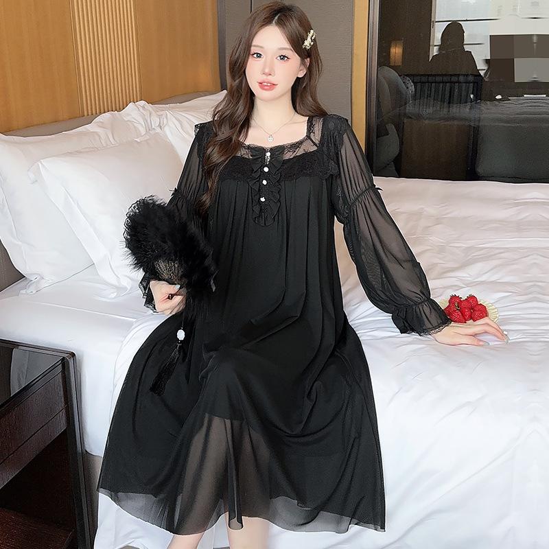Ling Lei Chunqiu Solid Color Square Neck Lace Long Sleeve Mesh Court Princess Style Medium Long Pajamas Pajamas Homewear