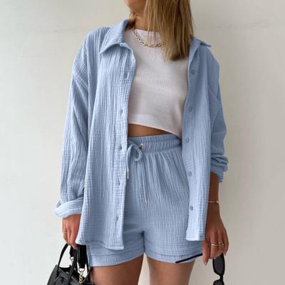 Conjunto de 2 peças de roupas femininas de verão, blusa de manga comprida com botões e shorts com cordão, conjunto de moletom casual de algodão, traje de lazer