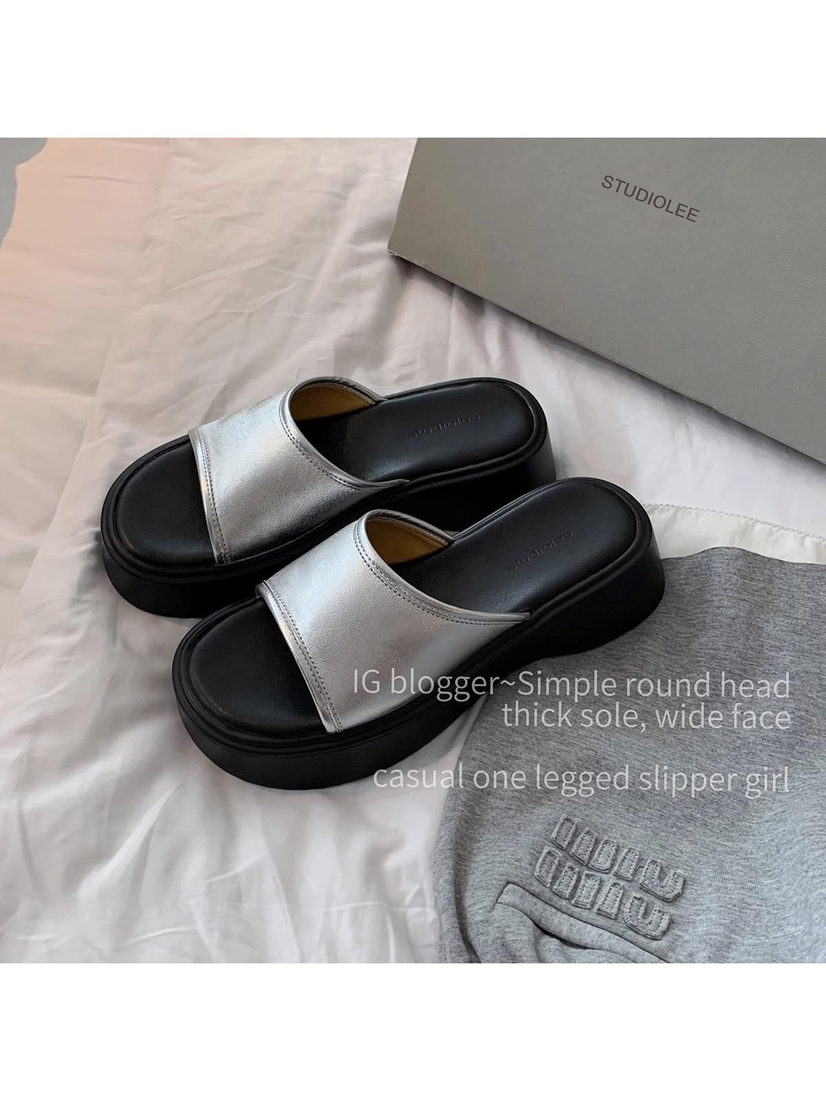 Shoes simple round head thick sole wide surface casual one pedal slippers summer 34