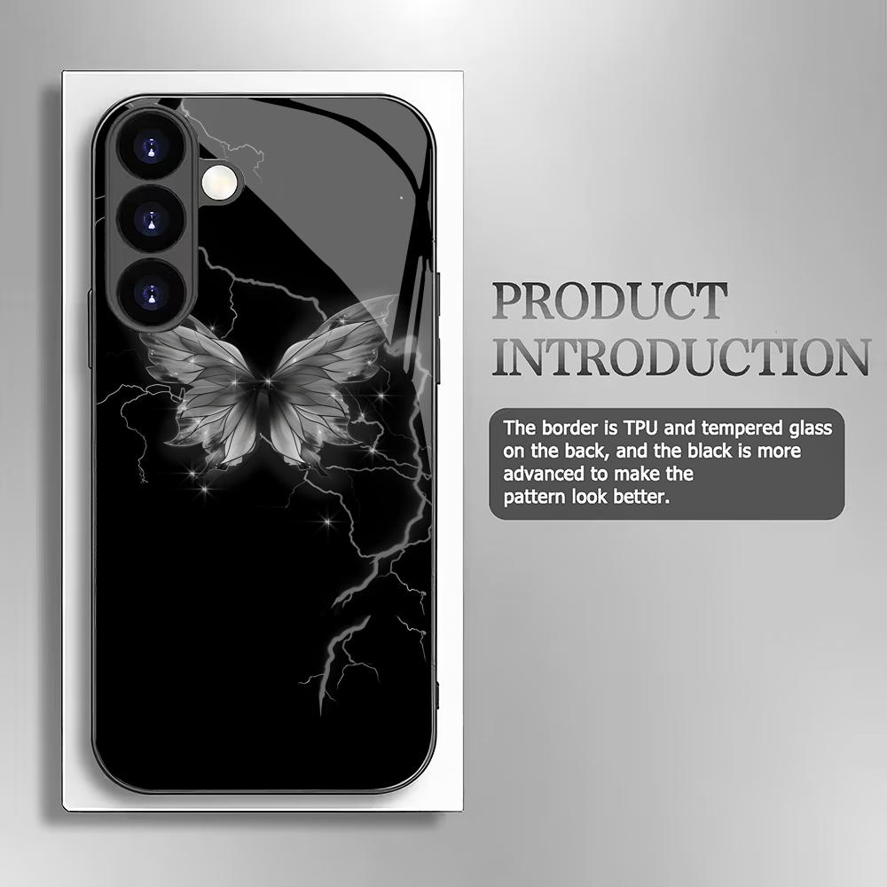 Black Butterfly Pattern Tempered Glass Phone Case Suitable for Samsung GalaxyS26 S25 S24 S23 S22 S21 S20FE/Ultra/Plus5Ganti Drop