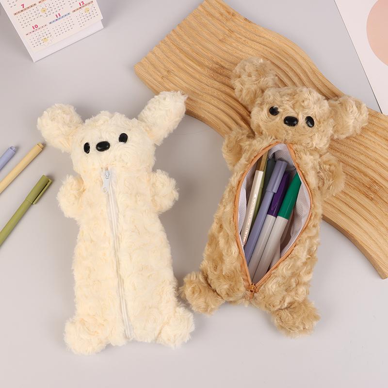 Lovely Bear Plush Pencil Bag Large Capacity Pencil Case School Supplies Stationery Storage Bags Cute Travel Cosmetic Bag